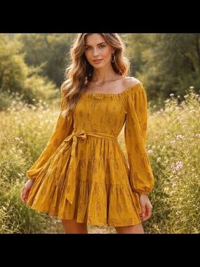 Mustard Yellow Off-Shoulder Long Sleeve Tiered Mini Dress
